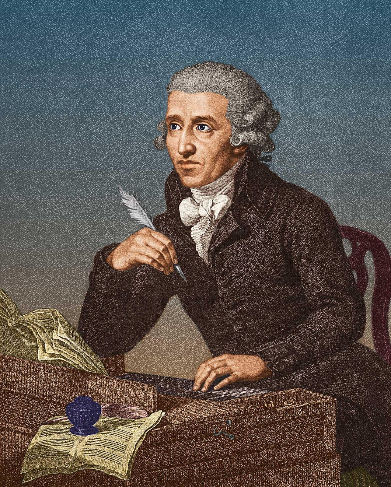 Na ilustracji znajduje się Franz Joseph Haydn siedzący na krześle przy instrumencie klawiszowym. Artysta jest zamyślony, trzyma w ręce pióro, ma przed sobą kartki. Sprawia wrażenie, że pisze nowy utwór.