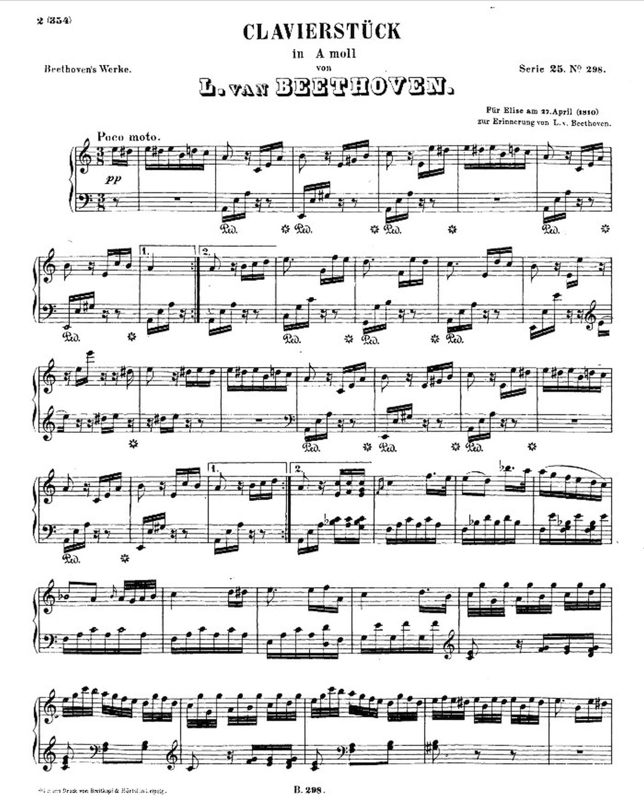 Zdjęcie przedstawia graficzny utwór muzyczny. Fotografia ukazuje czarną pięciolinię z nutami, na białej stronie utworu Ludwig van Beethoven – „Klavierstück a‑moll” WoO 59, bagatela „Dla Elizy”.