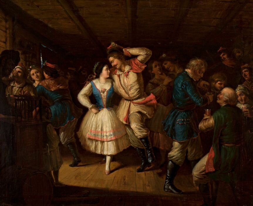 Obraz przedstawia wnętrze wiejskiej karczmy. Bawią się, tańczą i rozmawiają w niej chłopki i chłopi w ludowych strojach.