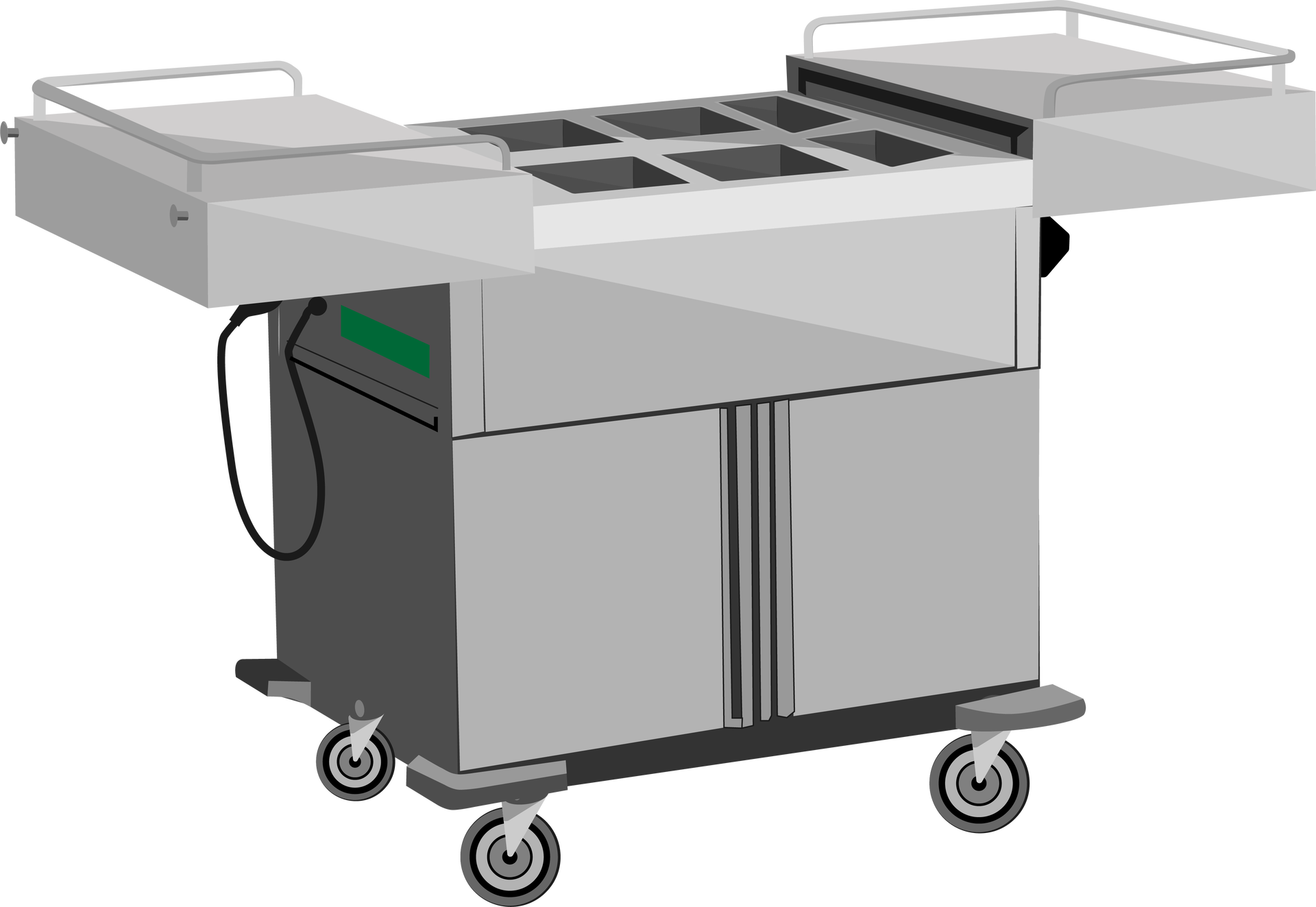 Ilustracja przedstawia wykonany ze stali nierdzewnej wózek, stojący na obrotowych kółkach. W jego dolnej części zamontowano maskownice, zasłaniające wnętrze urządzenia. Powyżej po lewej i prawej stronie widoczne są zamontowane blaty. Pośrodku znajduje się prostopadłościenny zbiornik, przykryty pokrywą z otworami. Z lewej strony urządzenia pod blatem zamontowano wyświetlacz. Obok przewód elektryczny. 