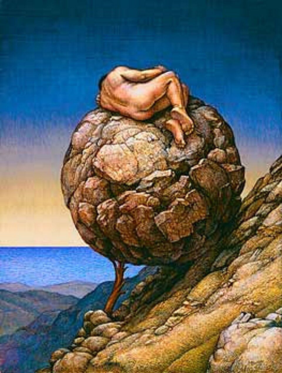 W centralnej części obrazu znajduje się wielka kamienna kula znajdująca się na zboczu skały, podparta o nią za pomocą gałęzi. Na kamieniu śpi skulony nagi mężczyzna. Postać ukazana jest z tyłu. Tło obrazu stanowi błękitne morze i rozpościerające się nad nim niebo.