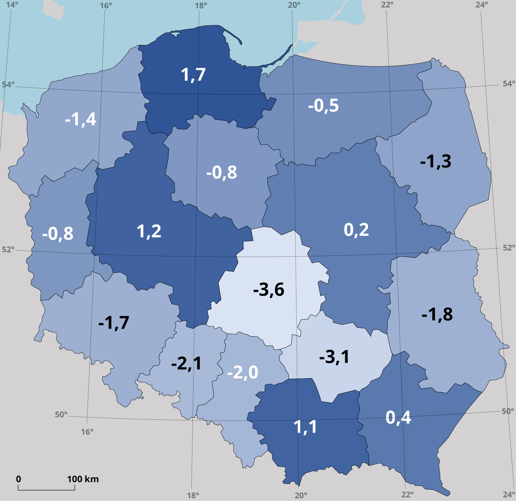 Kartogram Polski prezentujący wartość współczynnika przyrostu naturalnego w województwach w latach 2010‑2021 w promilach. Kartogram jest w odcieniach niebieskiego. Dla każdego województwa wartość współczynnika zapisano w jego granicach. Wartości dla poszczególnych województw: dolnośląskie,-1,7; kujawsko‑pomorskie -0,8; lubelskie, -1,8; lubuskie, -0,8; łódzkie, -3,6; małopolskie, 1,1; mazowieckie, 0,2; opolskie, -2,1; podkarpackie, 0,4; podlaskie, -1,3; pomorskie, 1,7; śląskie, -2,0; świętokrzyskie, -3,1; warmińsko‑mazurskie, -0,5; wielkopolskie, 1,2; zachodniopomorskie, -1,4. Na kartogramie znajduje się siatka kartograficzna na której opisano wartość południków i równoleżników co 2 stopnie. W lewym dolnym rogu mapy znajduje się podziałka liniowa.