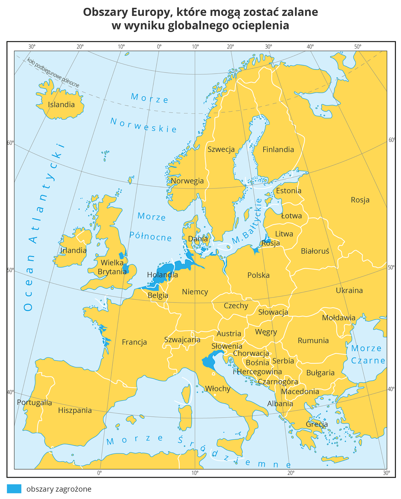 Mapa przedstawia kraje Europy w kolorze żółtym. Na północnych wybrzeżach Rosji, Polski, Niemiec, Holandii, zachodnich Wielkiej Brytanii, wschodnich Francji i południowych wybrzeżach Włoch i Słowenii na niebiesko zaznaczono obszary, które mogą zostać zalane w wyniku globalnego ocieplenia.