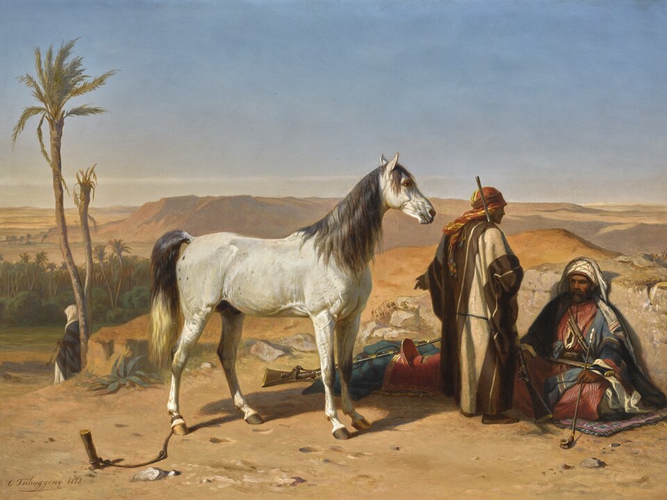 Grafika przedstawia obraz Charles Tschaggeny , An Arabian in the desert, 1858 r. Obraz w centralnej części przedstawia konia i dwóch mężczyzn pochodzenia arabskiego na tle pustyni. 