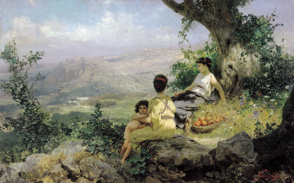 Obraz przedstawia dwie kobiety i dziecko na łonie natury. Niewiasty siedzą na trawie pełnej kwiatów, na szczycie góry, pod dużym drzewem. Jedna z kobiet jest odwrócona tyłem, ma na sobie lekką, zwiewną sukienkę, ciemne włosy związane w kok, trzyma nagie dziecko, które się do niej przytula. Druga kobieta siedzi bliżej drzewa usytuowanego po prawej stronie obrazu, opiera plecy o pień. Ma na sobie lekką jasną suknię, kolana przykryte są jakąś peleryną lub płaszczem. Włosy upięte są w kok, w uszach ma kolczyki. Lewą rękę trzyma w trawie, podpiera się na niej. Między kobietami leży kosz z jabłkami. W tle rozpościera się piękny widok z góry. Widoczne są wzniesienia, zielona dolina z niewielkimi pagórkami. 