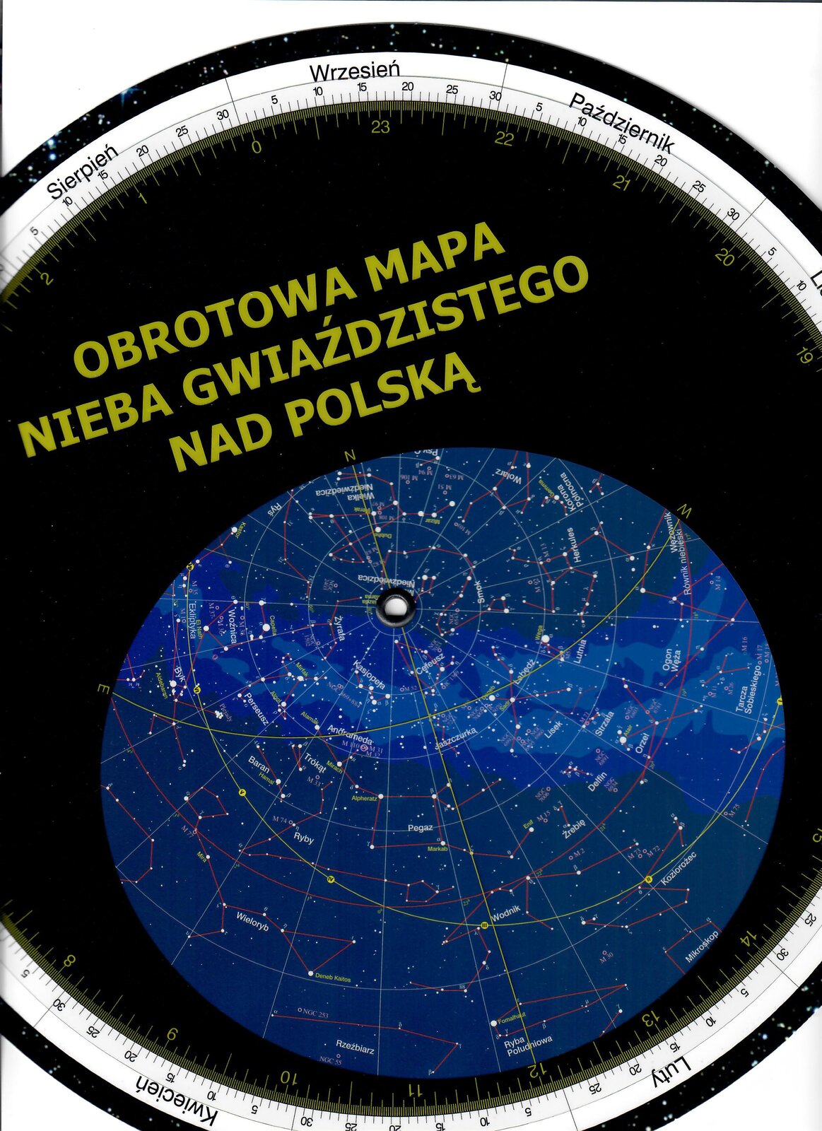 Rys. 2. Ilustracja przedstawia obrotową mapę nieba. Pokazano obrotową czarną tarczę z białą obwódką z zaznaczoną podziałką kątową, co jeden stopień. Każde trzydzieści stopni odpowiada jednemu miesiącowi w roku. Na ciemnym tle tarczy widoczna jest niebieska kula, na której zaznaczono białe punkty. Symbolizuje ona, widoczny z Ziemi, fragment nieba z zaznaczonymi gwiazdami. Obracając tarczę, zmienia się widok poszczególnych konstelacji w zależności od pory roku i miesiąca. W centrum kuli znajduje się Gwiazda Polarna wchodząca w skład konstelacji Małej Niedźwiedzicy. Gwiazda Polarna należąca do gwiazdozbioru Małej Niedźwiedzicy to północna gwiazda polarna. Charakterystyczną jej cechą jest to, że w ciągu nocy  prawie nie zmienia swojego położenia na niebie, podczas gdy pozostałe gwiazdy krążą wokół bieguna. 