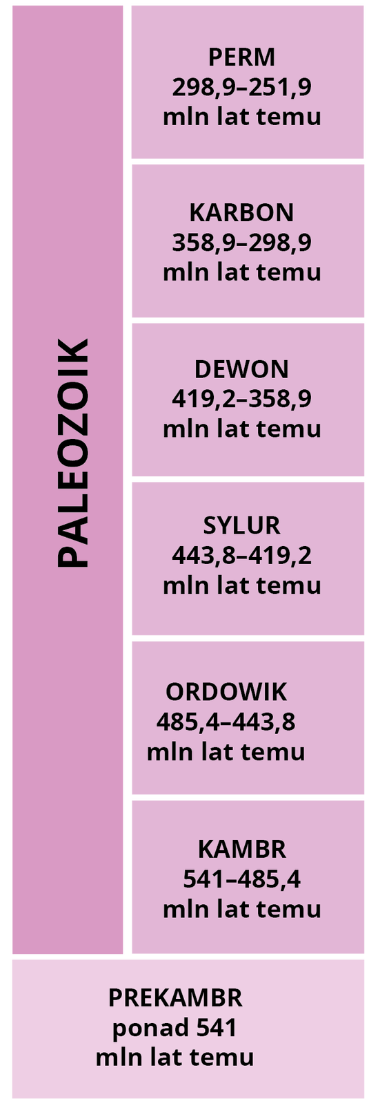 Na ilustracji jest tabela z podziałem paleozoiku. Na dole tabeli, pod paleozoikiem, jest prekambr: ponad 541 milionów lat temu. Następnie jest paleozoik: od dołu kambr od 541 do 485,4 miliona lat temu, następnie ordowik od 485,4 do 443,8 miliona lat temu, sylur od 443,8 do 419,2 miliona lat temu, dewon od 419,2 do 358,9 miliona lat temu, karbon od 358,9 do 298,9 miliona lat temu, perm od 298,9 do 251,9 miliona lat temu.     