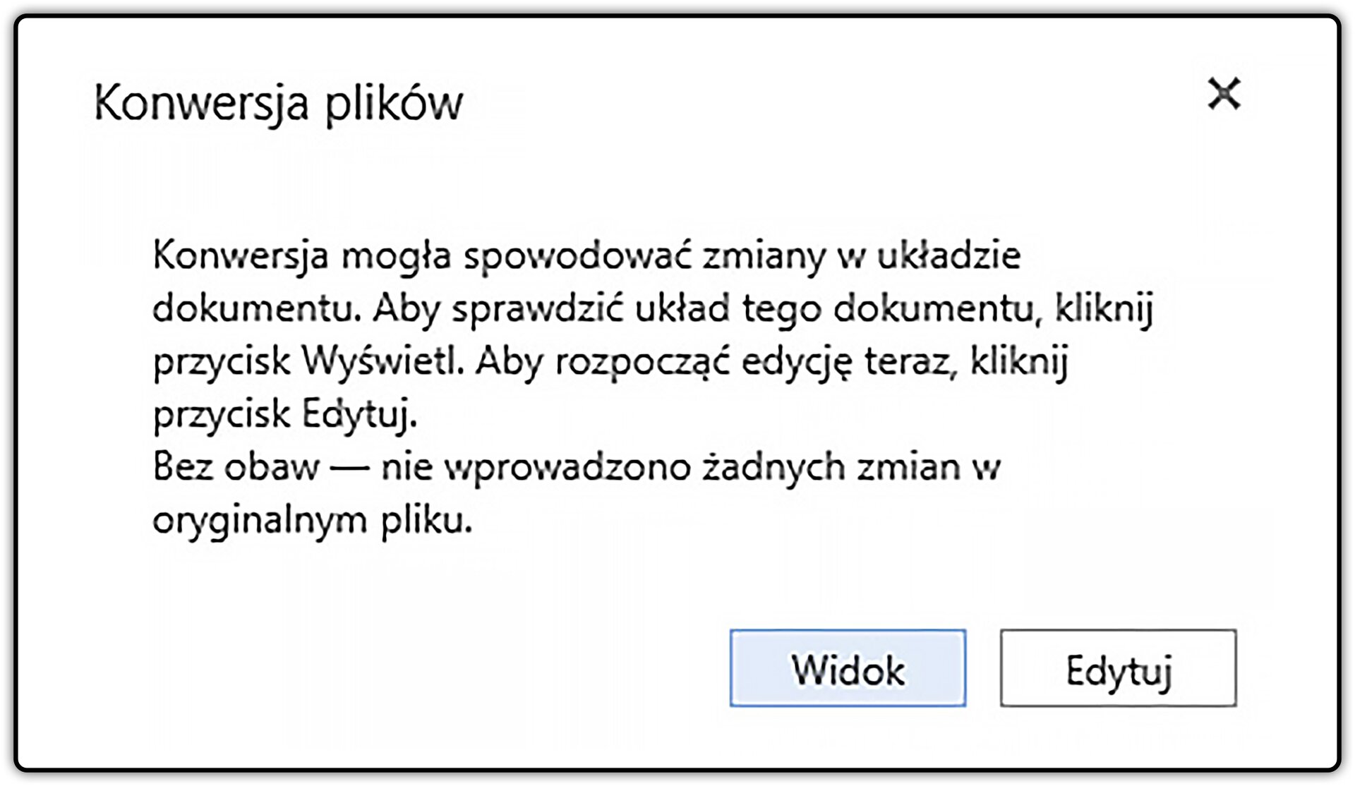 Zrzut okna: Konwersja plików z zaznaczonym przyciskiem: Widok