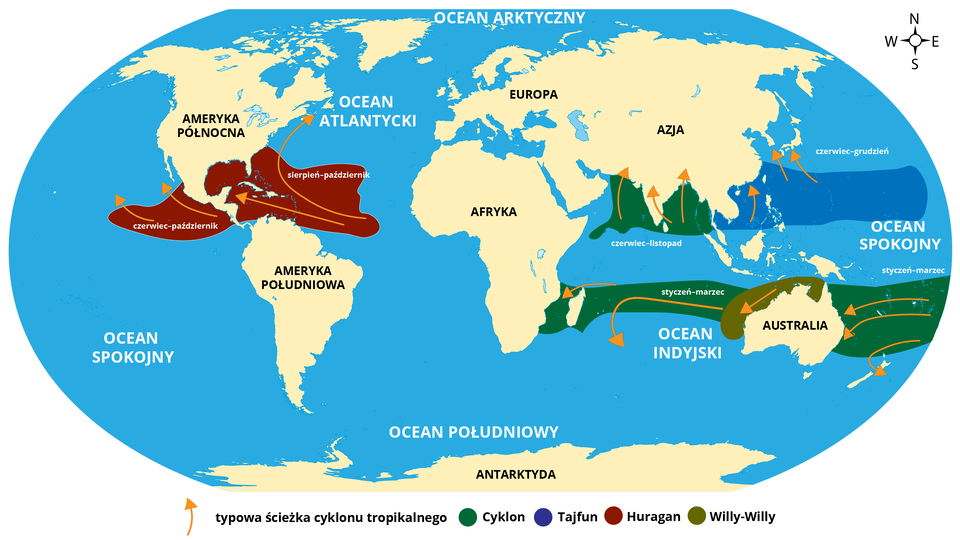Grafika przedstawia glob ziemski z zaznaczonymi obszarami, na których występują poszczególne rodzaje cyklonów tropikalnych.  Kolor czerwony: huragany. Zaznaczono nim obszar Morza Karaibskiego i Oceanu Atlantyckiego na wschód od niego. Tutaj huragany występują od sierpnia do października i skierowane są na zachód w stronę Jukatanu lub na północ wzdłuż wschodniego wybrzeża Stanów Zjednoczonych. Drugi obszar zaznaczony na czerwono to teren na zachód od Ameryki Środkowej. Tutaj huragany występują od czerwca do października., w kierunku od wschodu na północ. Kolor zielony: cyklony. Zaznaczono nim długi pas od Oceanii na wschód, aż po południowo‑wschodnią Afrykę. Tu cyklony występują od stycznia do marca, w kierunku zachodnim. Dodatkowo na zielono zaznaczono teren za wschód i na zachód od Półwyspu indyjskiego. Tu cyklony występują od czerwca do listopada, w kierunku północnym. Kolor niebieski: tajfuny. Zaznaczono długi pas na Oceanie Spokojnym na wysokości Filipin, aż po wybrzeże Chin. Tu tajfuny występują od czerwca do grudnia, w kierunku północnym. Kolor oliwkowy: Willy‑Willy. Zaznaczono obszar wzdłuż wybrzeża północnego i zachodniego Australii. Ten cyklon skierowany jest na południowy zachód.