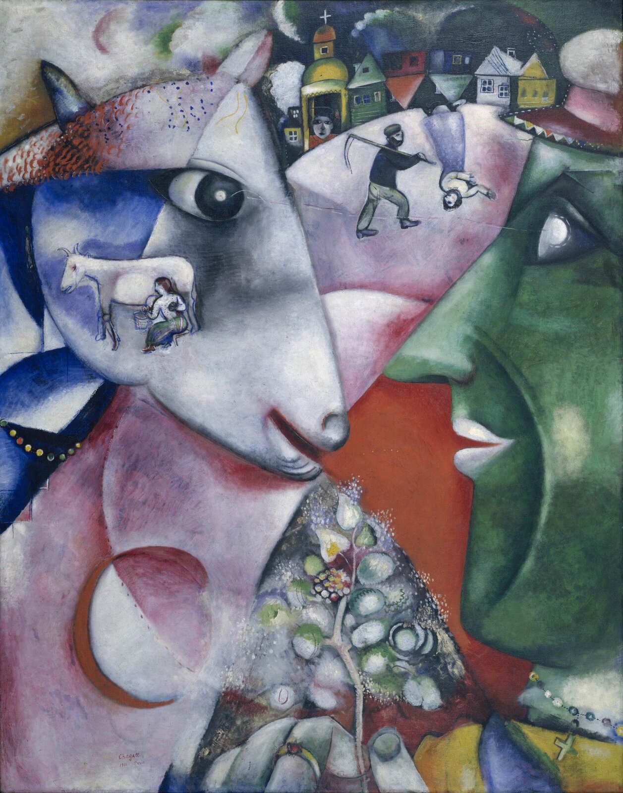 Ilustracja przedstawia obraz Marca Chagalla pt. „Ja i wieś”. Na obrazie znajdują się duża głowy zwierzęcia oraz mężczyzny. Na ich tle znajdują się budynki oraz inne postacie.