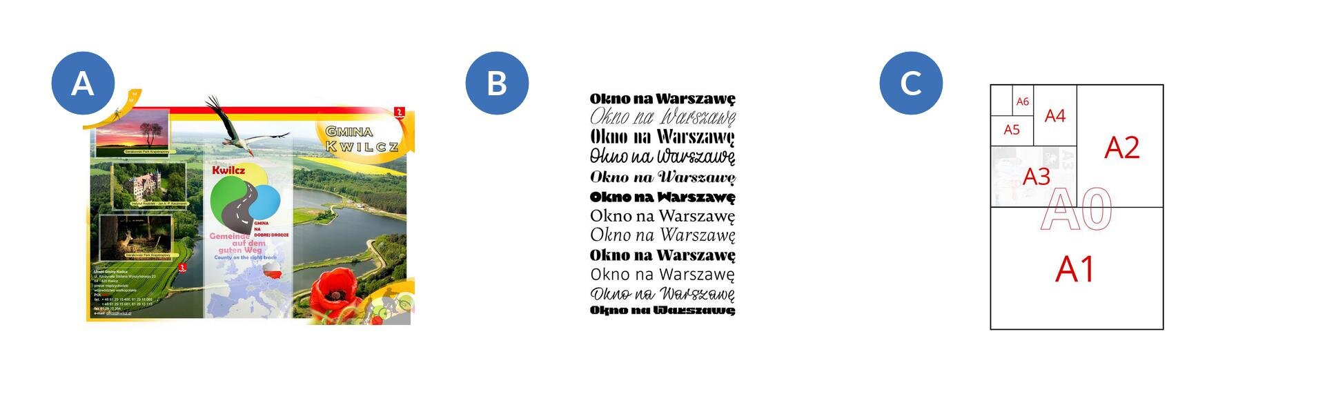 W zadaniu znajdują się trzy ilustracje przedstawiające folder przedstawiający atrakcje danego obszaru, grafike na której znajdują się różne formaty oraz grafikę z napisami w różnych czcionkach "Okno na Warszawę".