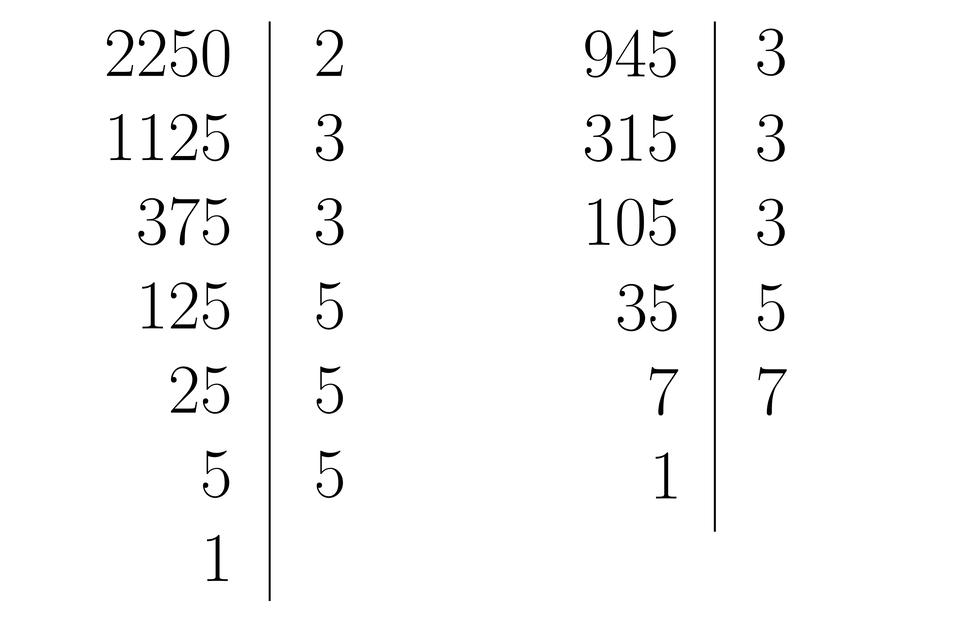Ilustracja przedstawia dwa przykłady rozkładu liczby na czynniki pierwsze: liczba dwa tysiące dwieście pięćdziesiąt: podzielić przez dwa daje tysiąc sto dwadzieścia pięć podzielić przez trzy daje trzysta siedemdzieisiąt pięć podzielić przez trzy daje sto dwadzieścia pięć podzielić przez pięć daje dwadzieścia pięć podzielić przez pięć daje pięć podzielić przez pięć daje jeden. Liczba dziewięćset czterdzieści pięć podzielić przez trzy daje trzysta piętnaście podzielić przez trzy daje sto pięć podzielić przez trzy daje trzydzieści pięć podzielić przez pięć daje siedem podzielić przez siedem daje jeden.