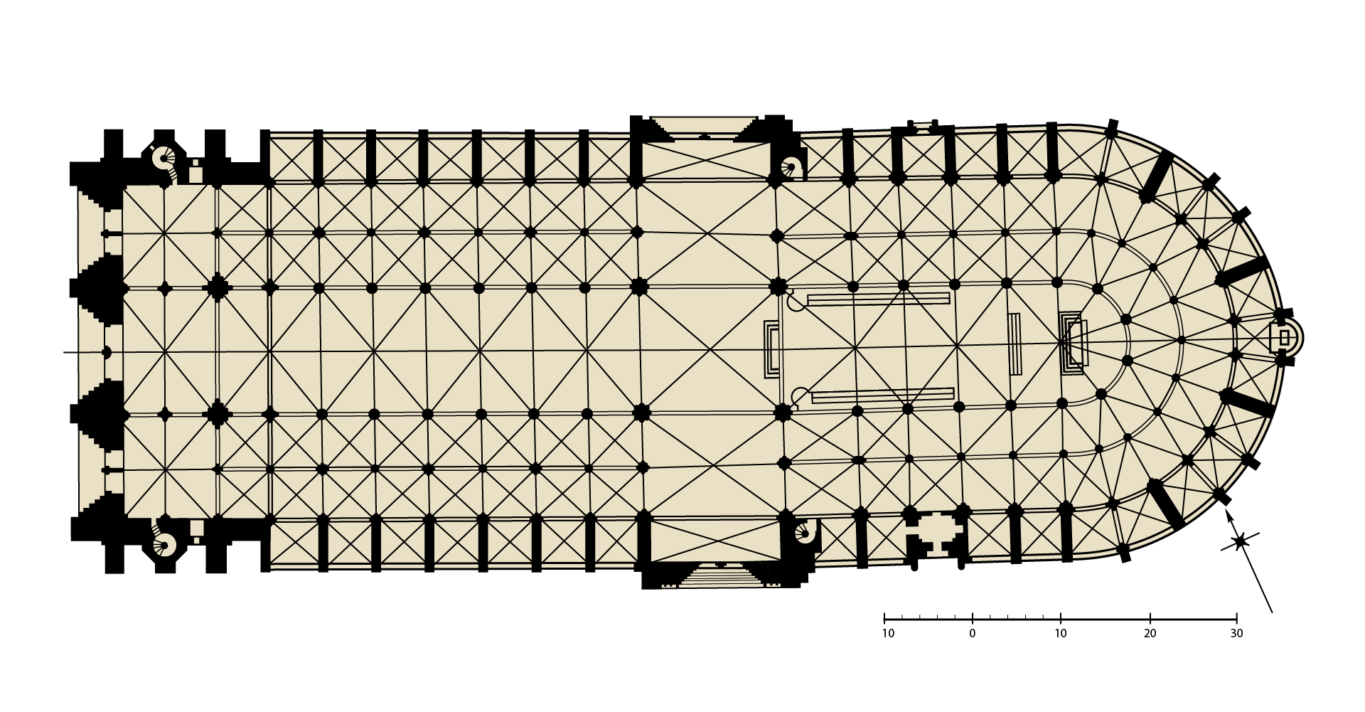 Plan budowli kształtem przypomina krzyż łaciński, który obejmuje trzy główne części: nawę główną, transept i prezbiterium. Nawa główna jest centralnym elementem, rozciągającym się z zachodu na wschód, z szerokim przekrojem. Transept przecina nawę główną, tworząc krótsze ramiona krzyża. Prezbiterium, umieszczone na wschodnim końcu, jest często wyższe od reszty budowli i zawiera ołtarz główny. Katedra ma również wieże, z których najbardziej charakterystyczna jest wysoka wieża główna, zlokalizowana nad krzyżem transeptu. Wnętrze katedry składa się z nawy głównej, bocznych naw, galerii, kaplic i chóru.