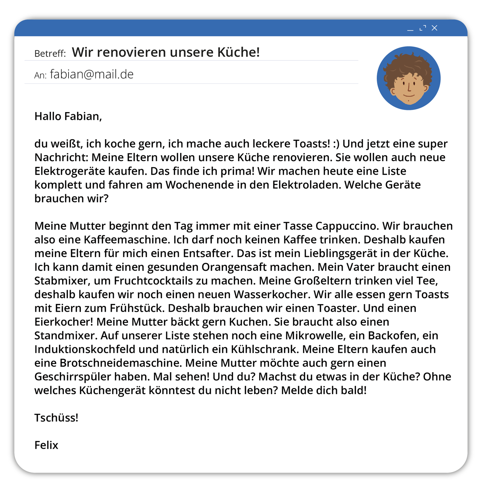 Ilustracja przedstawia treść maila wysłanego do Fabiana. Temat wiadomości to: Wir renovieren unsere Küche!. Pełna treść dostępna jest w trybie dostępności w transkrypcji poniżej.