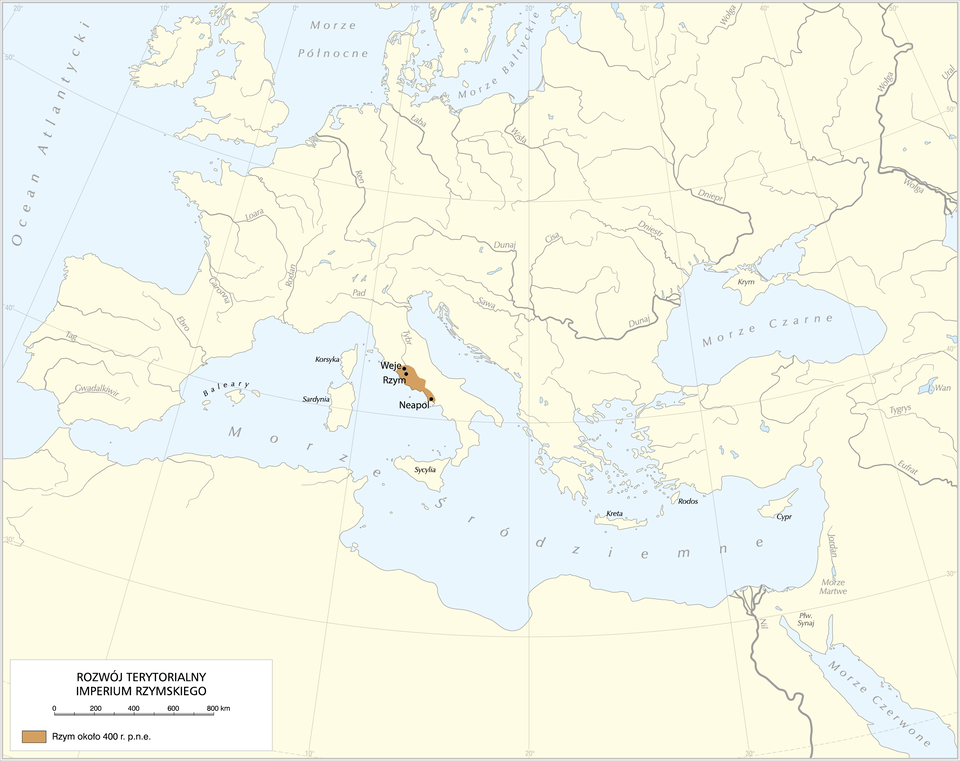 Mapa przedstawia rozwój terytorialny imperium rzymskiego w 4 wieku przed naszą erą. Do Rzymu w 400 roku przed naszą erą należały miasta: Rzym, Neapol, Weje. Obok Rzymu zaznaczone są trzy wyspy: Sardynia, Korsyka, Sycylia. Mapa przedstawia całą Europę.  