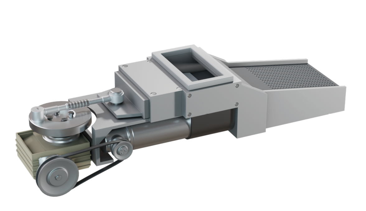 Na ilustracji jest podajnik tłokowy. Składa się z mechanizmu korbowego, przekładni pasowej, tłoka posuwisto zwrotnego oraz dość długiej płaskiej szuflady.