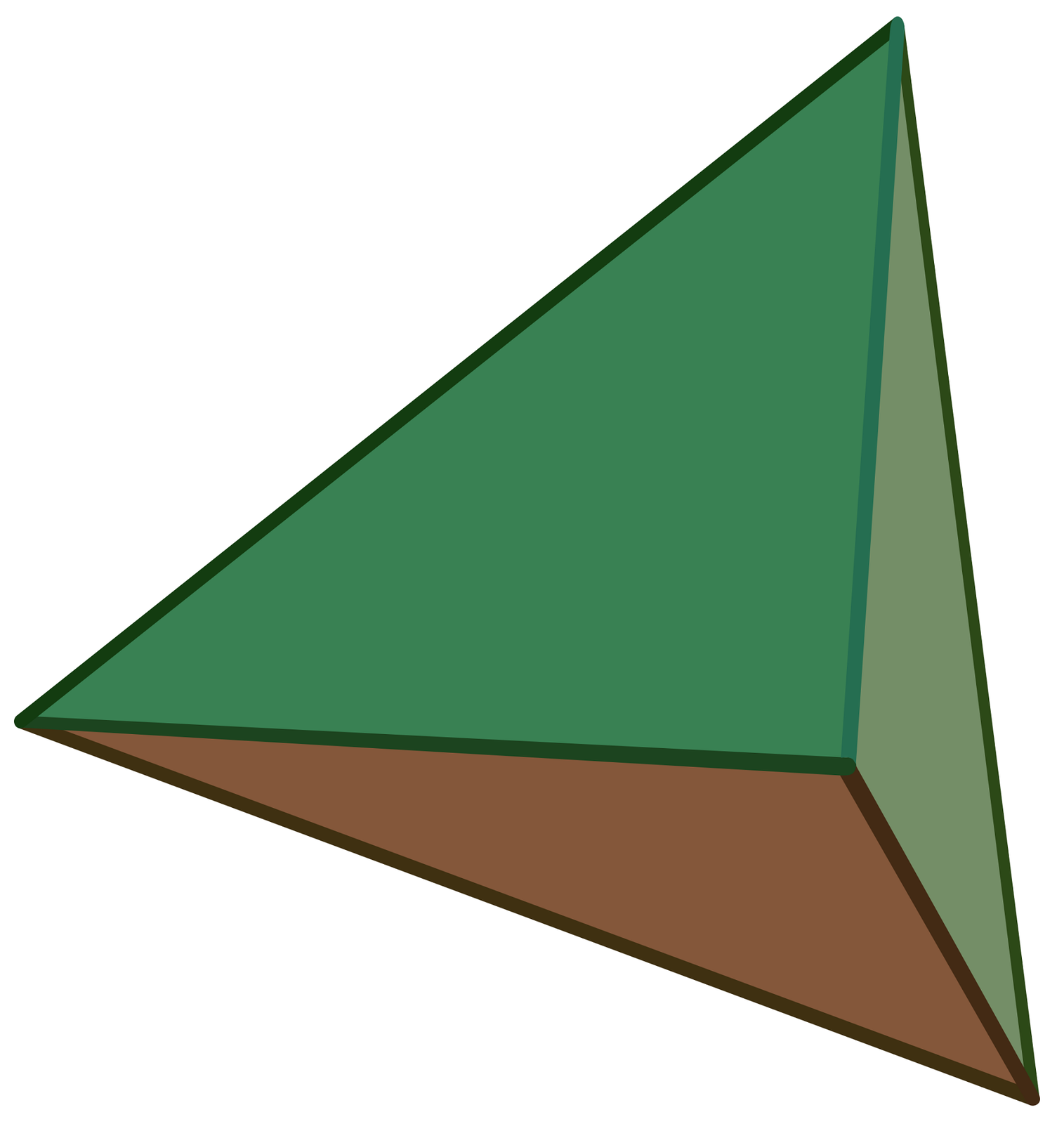 Grafika przedstawia czworościan foremny - bryła przestrzenna. Na grafice zaprezentowane są tylko trzy ściany: podstawa koloru brązowego, lewa ściana boczna koloru zielonego i prawa ściana boczna koloru szaro-zielonego.