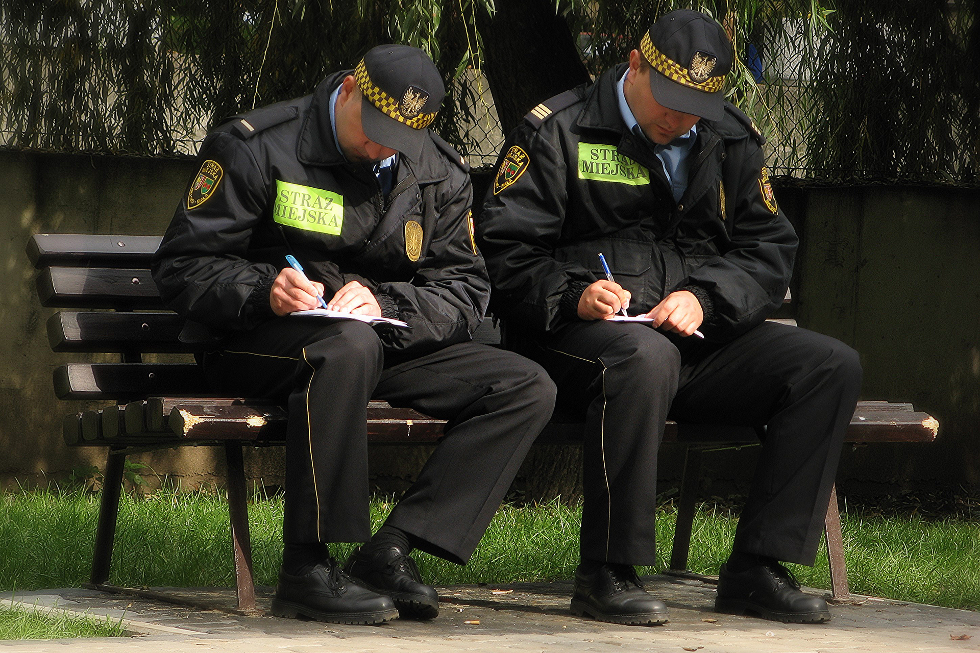 Kolorowe zdjęcie przedstawia dwóch funkcjonariuszy straży miejskiej siedzących na ławce w parku. Słoneczny dzień. Funkcjonariusze uzupełniają notatniki służbowe. Ubrani w czarne mundury. Czapki z daszkiem mają otok w żółto — brązową szachownicę i żółtego orła nad daszkiem. Na rękawach na wysokości ramienia znajduje się logo straży miejskiej. Na prawej piersi, na kurtce, naszyty żółty odblaskowy poziomy prostokąt z napisem: straż miejska. Na lewej piersi na kurtce znajduje się znak identyfikacyjny. Na ramionach umieszczone są  wzory dystynkcji. Pod kurtką ubrani są w niebieskie koszule.