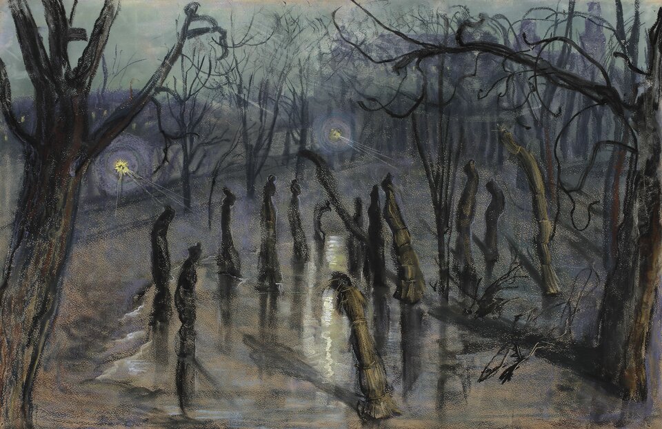 Ilustracja przedstawia obraz Stanisława Wyspiańskiego Chochoły. Ukazuje krakowskie Planty o zmroku. Wśród licznych drzew ustawione są chochoły, czyli owinięte na zimę słomą krzewy róż. Tworzą krąg i są lekko pochylone. Między nimi rozchodzą się jasne smugi odbitego w mokrym podłożu światła.