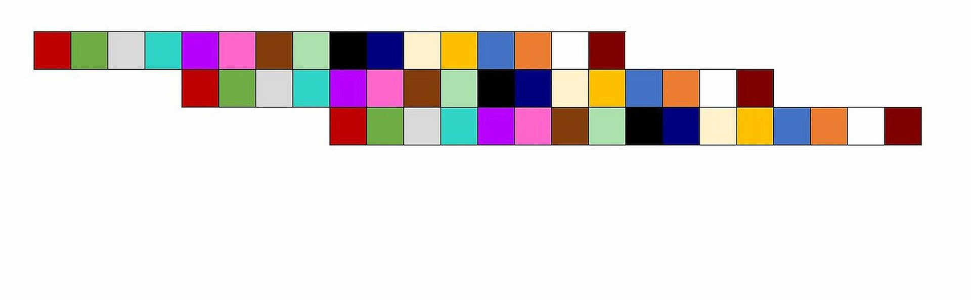 Ilustracja przedstawia schemat kanonu trzygłosowego w którym drugi głos wchodzi po czwartym takcie. Melodię przedstawiono jako szereg kolorowych prostokątów. Występują one w ustalonym porządku: czerwony, zielony, żółty, niebieski, brązowy, purpurowy, morski, seledynowy itd. W zapisie są trzy rzędy. W obu rzędach kolory występują w tej samej kolejności, tylko w drugim rzędzie są przesunięte o cztery prostokąty, a w trzecim o osiem. Na przykład kolor czerwony znajduje się pod purpurowym (czyli piątym kolorem w szeregu).