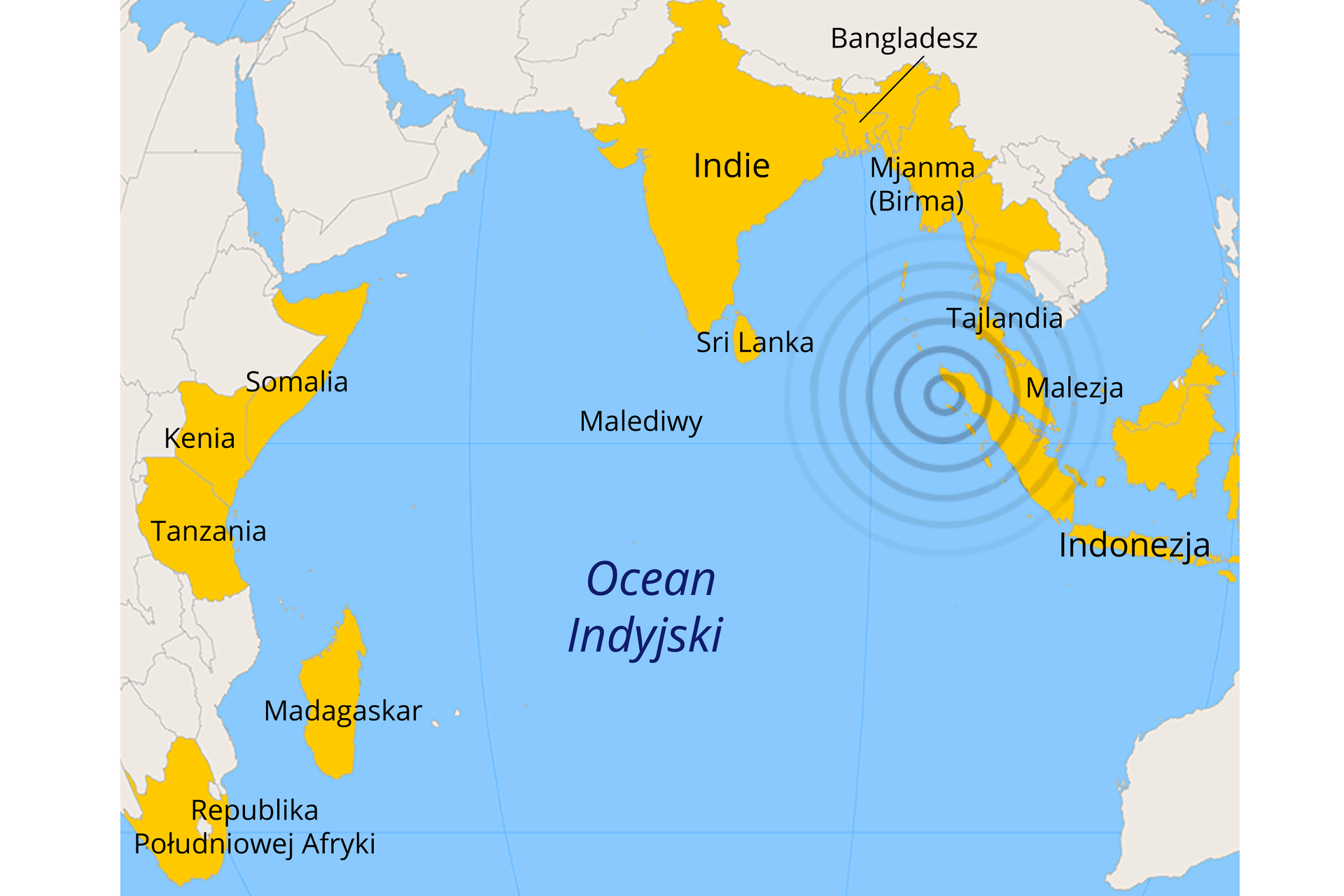Mapa przedstawia kraje najbardziej dotknięte trzęsieniem ziemi w 2004 roku. Żółtym kolorem zaznaczono Republikę Południowej Afryki, Madagaskar, Tanzanię, Kenię, Somalię, Malediwy, Sri Lankę, Indie, Bangladesz, Birmę, Tajlandię, Malezję oraz Indonezję. U północnych wybrzeży Indonezji znajduje się punkt otoczony coraz większymi kręgami – jest to epicentrum trzęsienia ziemi.