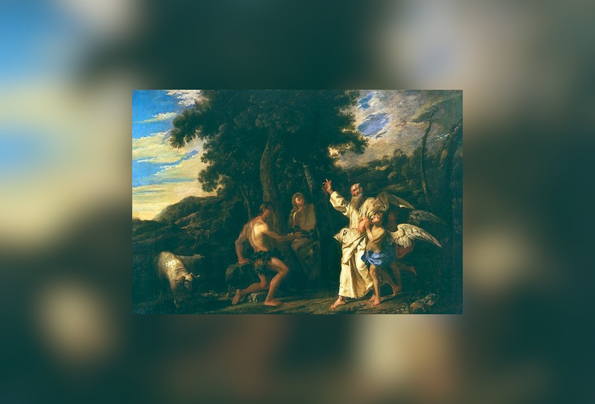 Obraz przedstawia biblijną scenę rodzajową. W raju, wśród drzew znajdują się nadzy Adam i Ewa. Przed nimi stoi wzburzony Bóg. Ma uniesioną prawą rękę. Boga próbują powstrzymać dwaj aniołowie o postaciach młodych chłopców.