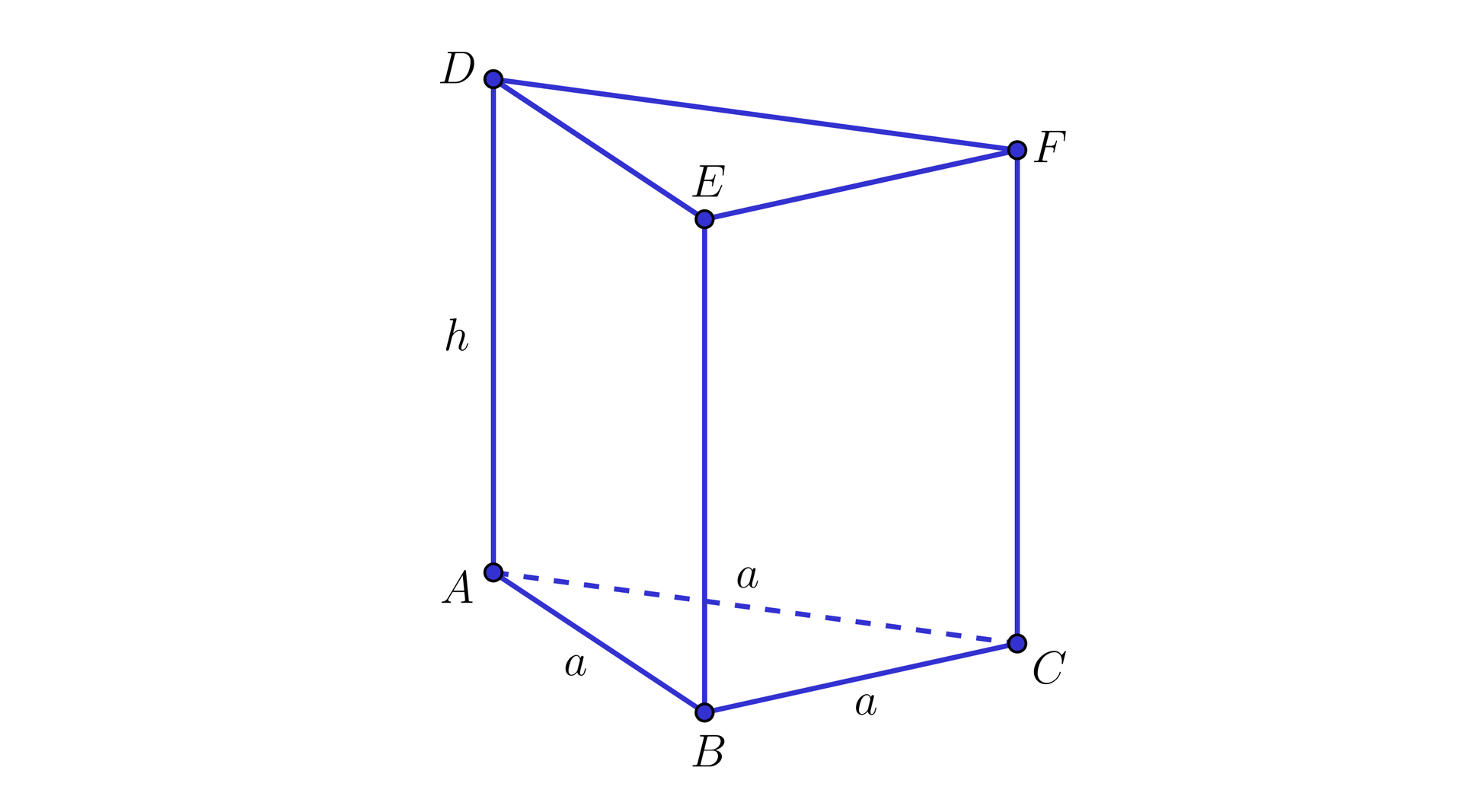 Na ilustracji przedstawiono graniastosłup prawidłowy trójkątny o dolnej podstawie ABC oraz górnej DEF. Długość krawędzi podstawy oznaczono literą a, natomiast krawędź boczną oznaczono literą h.