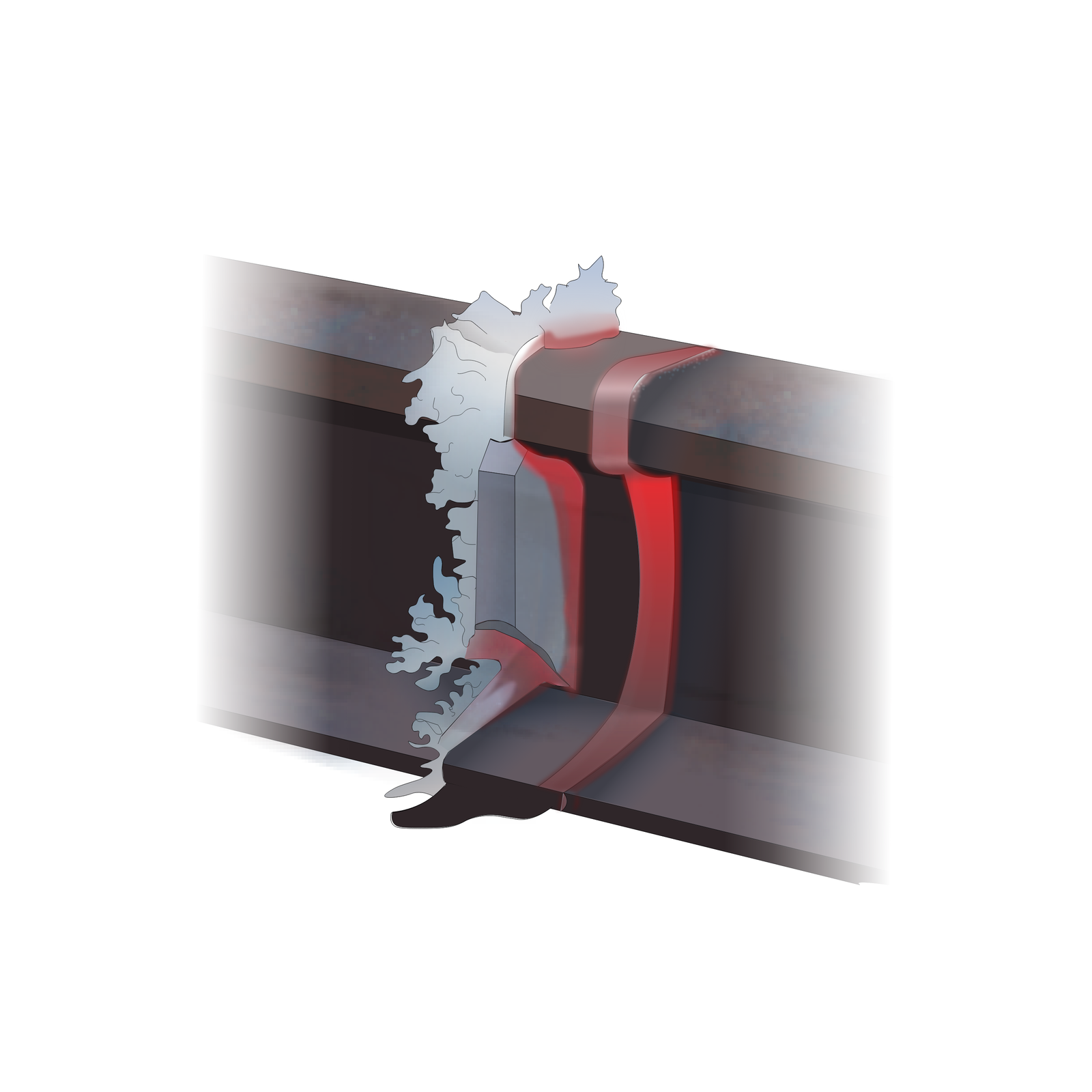 Grafika przedstawia wypływkę. Na grafice przedstawiono wystający z łączenia szyn nadmiar materiału.