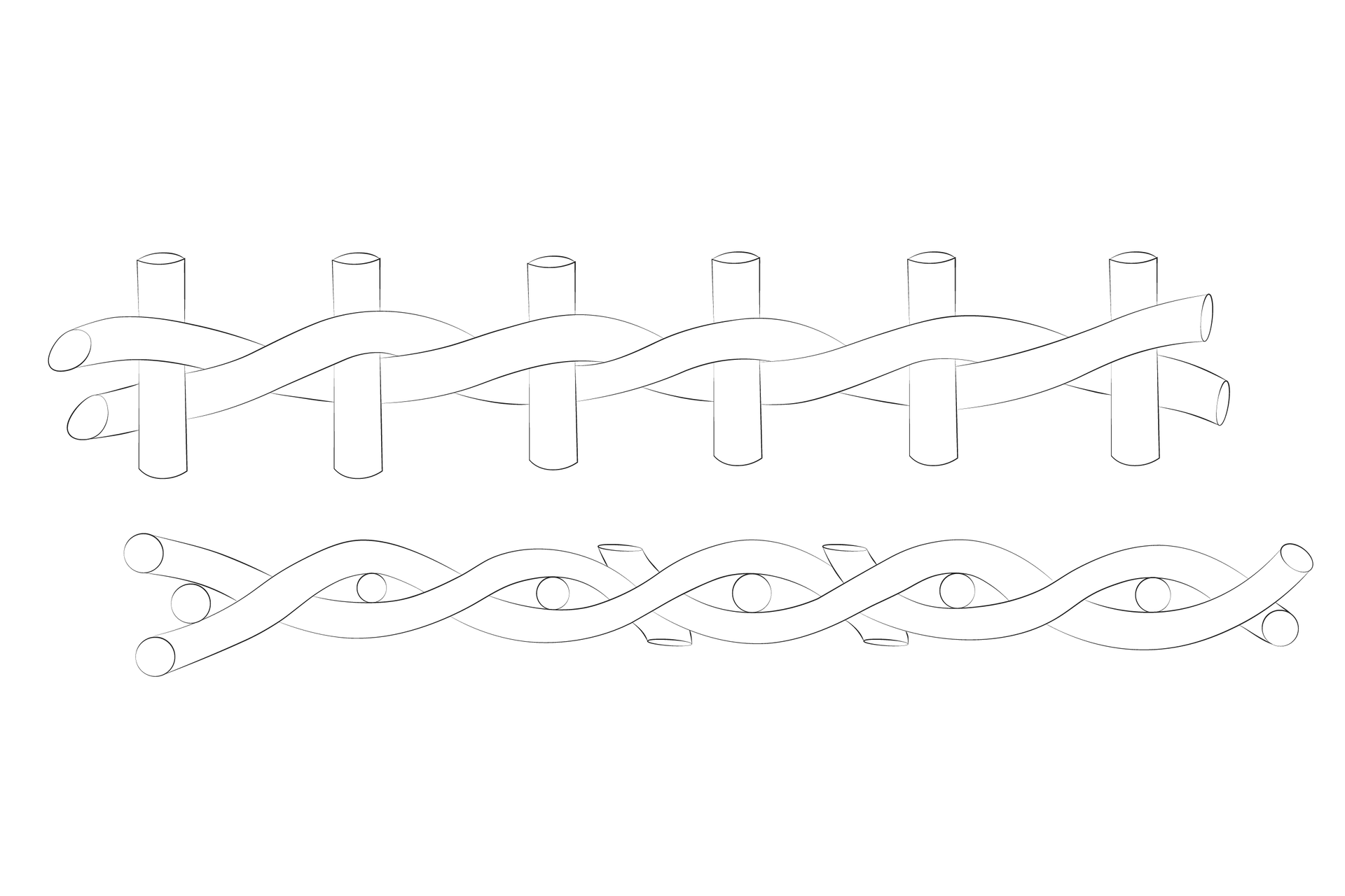 Grafika przedstawia splot wężykowy w perspektywie od boku i od góry. Opis splotu znajduje się w treści powyżej.
