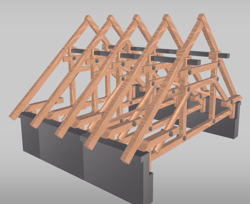 Grafika przedstawia więźbę wieszarową. Widoczna jest model konstrukcji dachu złożony z pięciu par krokwi, czyli belek ułożonych w kształt odwróconej litery V, pomiędzy którymi w górnej części, biegną po dwie krótkie belki, wsparte na dwóch pionowych słupach każda. Od dolnej krótkiej belki odchodzą dwie belki pod skosem. Krokwie wystają poza dwa prostopadłościenne, szare elementy obrazujące ściany. Wewnątrz widoczna jest sześć poziomych belek, biegnących od ściany do ściany.

Opisy obiektów prezentowanych na grafikach są załączone w treści słownika.