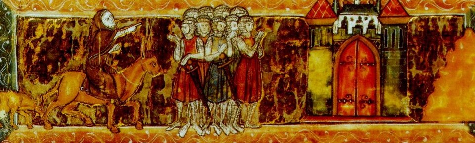 Kolorowa ilustracja przedstawia Piotra z Amiens jadącego na ośle. Wskazuje on drogę grupie uzbrojonych krzyżowców. 