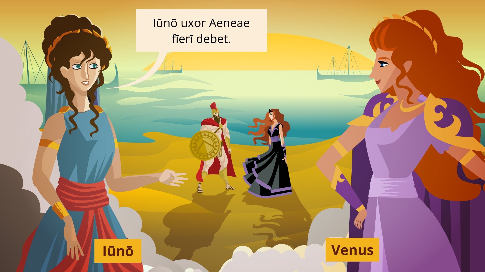 Ilustracja przedstawia poprzednią scenę z innej perspektywy. W tle widoczna jest para - Eneasz i Dydona. Na pierwszym planie widoczna jest Juno i Wenus, kobiety siedzą w chmurach i rozmawiają o parze stojącej na plaży. Nad głową bogini Juno znajduje się dymek z tekstem: Iuno uxor Aeneae fieri debet.