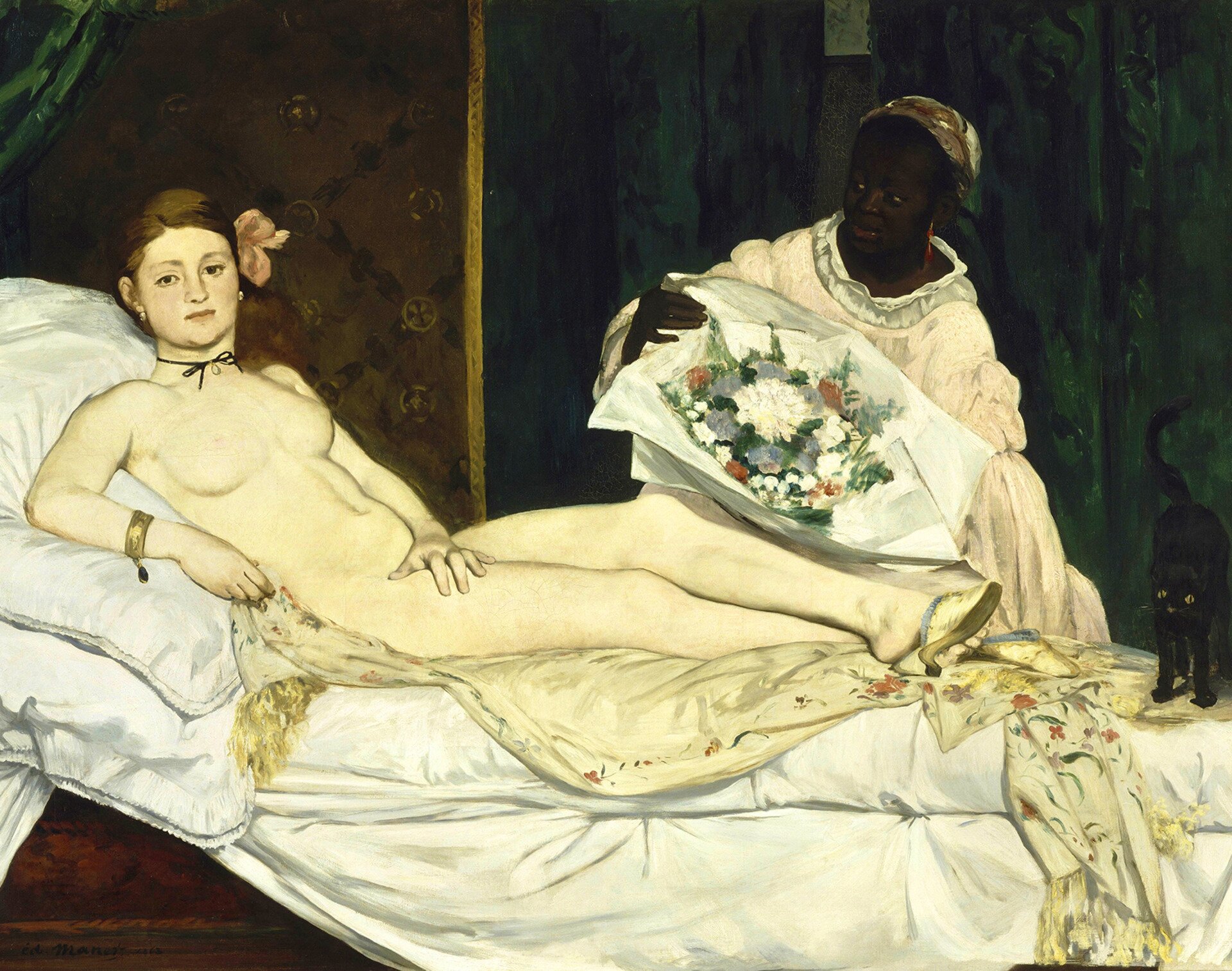 Obraz przedstawia dwie kobiety. Ta na pierwszym planie jest naga i leży w pościeli – ma białą skórę. Przyjmuje postawę otwartą, nie wstydliwą, wspiera się na prawej ręce, lewą dłonią przysłania wzgórek łonowy, jednak nie ma w jej geście wstydu. Odważnie patrzy w oczy obserwującego. Druga z nich stoi na boku, patrzy na leżącą i pokazuje jej kwiaty. Ma ciemną, hebanową skórę. Na skraju łóżka dojrzeć można czarnego kota.