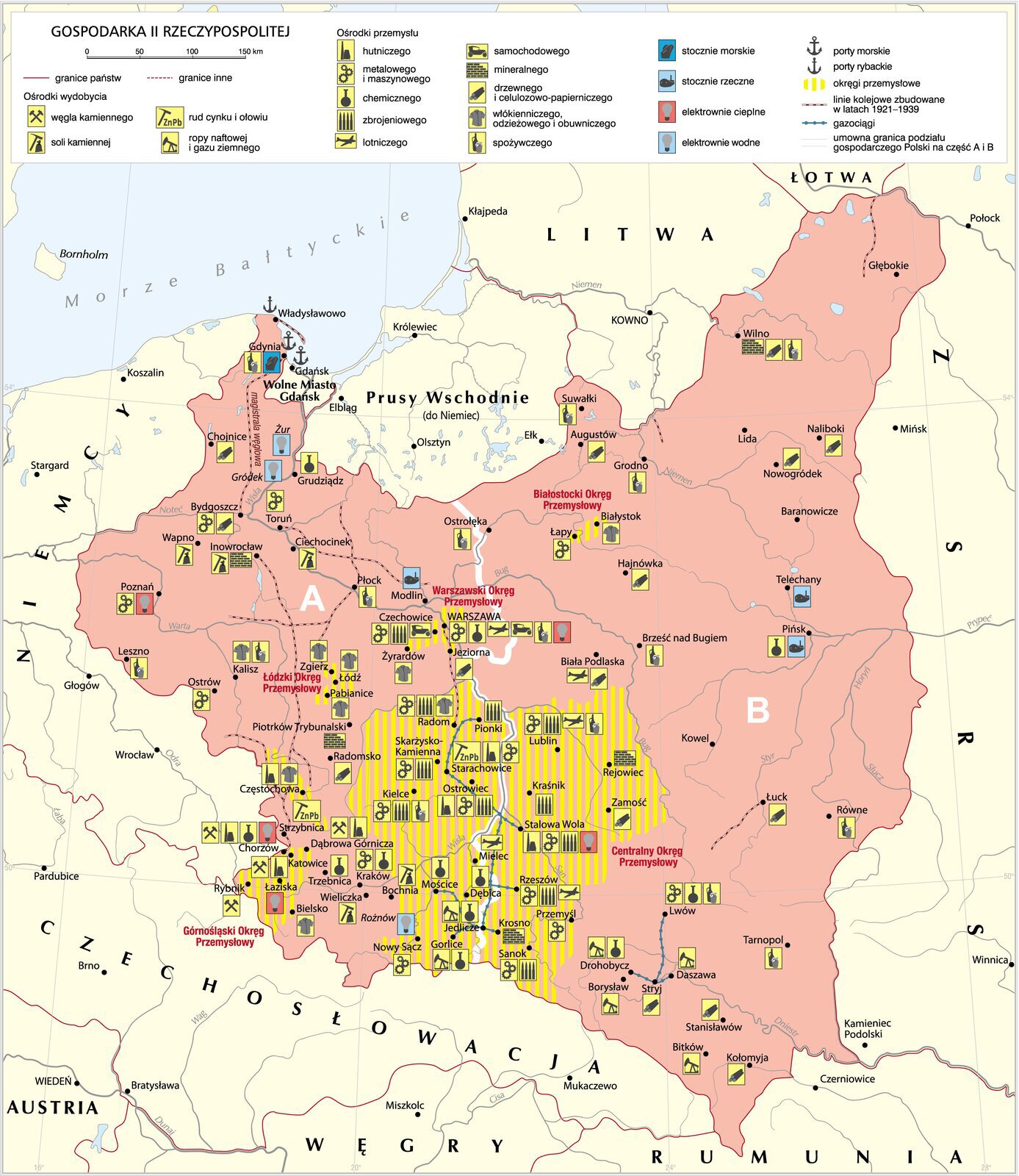 Mapa gospodarka II Rzeczypospolitej. Zawiera informacje o umieszczeniu COP‑u.
