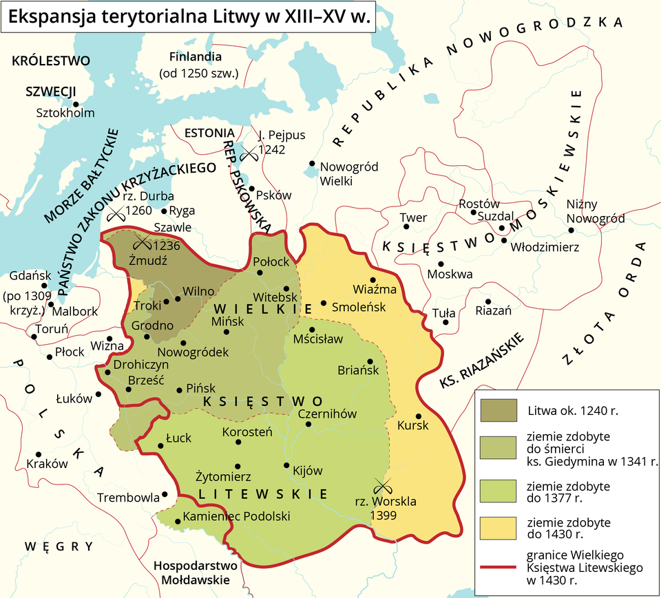 Mapa przedstawia ekspansję terytorialną Litwy w 13–15 wieku. Granice Wielkiego Księstwa Litewskiego w 1430 roku przebiegają wzdłuż miast: Żmudź, Troki, Drohiczyn, Brześć, Łuck, Żytomierz, Kursk, Wiaźma. Teren przy granicy na północnym‑zachodzie Księstwa to Litwa około 1240 roku. Należą do niej: Żmudź, Wilno, Troki. Tereny na północnym‑zachodzie, ale bliżej środkowej części Wielkiego Księstwa Litewskiego to ziemie zdobyte do śmierci księdza Giedymina w 1341 roku. Należą do nich: Drohiczyn, Brześć, Nowogródek, Pińsk, Połock, Witebsk. Południowo‑zachodnia część Księstwa, to ziemie zdobyte do 1377 roku. Należą do nich miasta: Mścisław, Briańsk, Czernichów, Kijów, Korosteń, Żytomierz. Wzdłuż wschodniej granicy są ziemie zdobyte do 1430 roku. Należą do nich miasta: Smoleńsk, Kursk, Wiaźma. Na mapie zaznaczono również Państwo Zakonu krzyżackiego, Polskę, Węgry, Księstwo Moskiewskie, Księstwo Riazańskie, Republikę Nowogrodzką.
