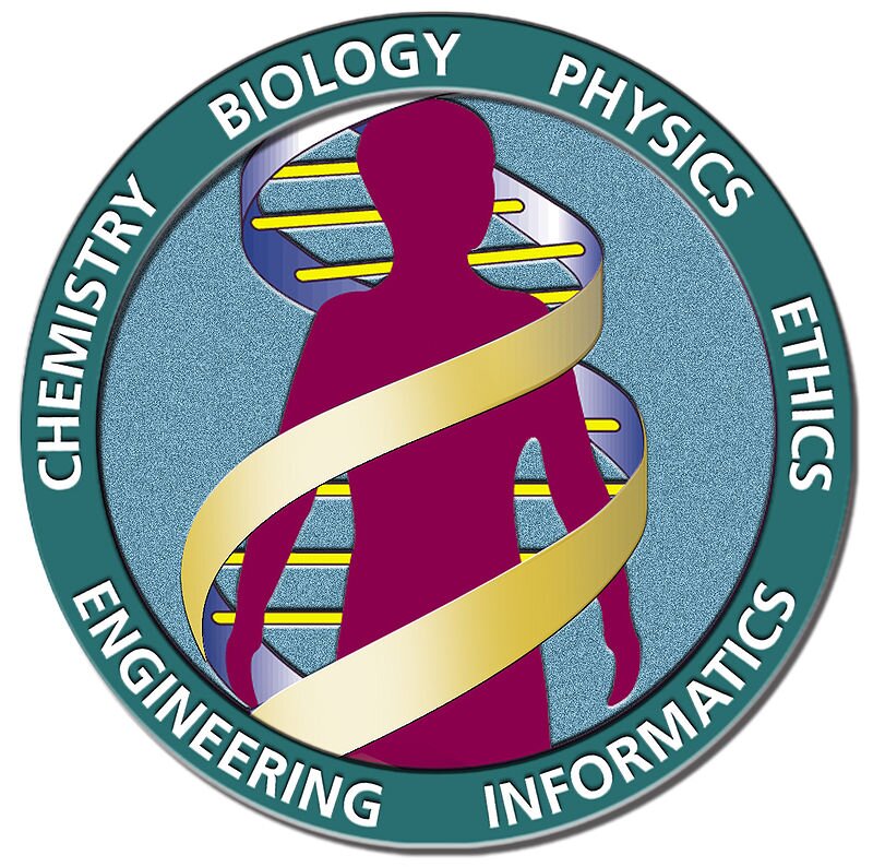 Ilustracja przedstawia logo programu Human Genome Project, na którym widoczna jest sylwetka człowieka opleciona przez podwójną helisę DNA. Wokół niej widnieją napisy w języku angielskim, nazw dziedzin nauki: chemia, biologia, fizyka, etyka, inżynieria, informatyka.
