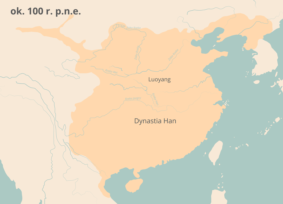 Ilustracja przedstawia fragment lądu położonego nad oceanem opisany jako Han Dynasty. Zaznaczono miasto Luoyang.