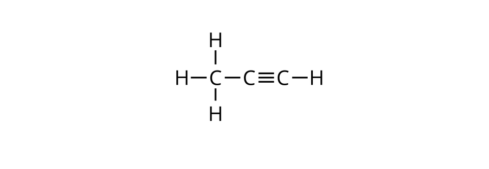 Ilustracja przedstawia wzór strukturalny propynu. Propyn składa się z trzech atomów węgla, oznaczonych literą C, a pierwszy z nich tworzy w sumie cztery wiązania rozmieszczone na rysunku pod kątem dziewięćdziesięciu stopni: w górę w dół i na boki z trzema atomami wodoru H i jedno wiązanie w bok po prawej z jednym atomem węgla. Ten atom z kolei tworzy jedno wiązanie potrójne w prawo z kolejnym atomem węgla, który ma przyłączony tylko jeden atom wodoru.
