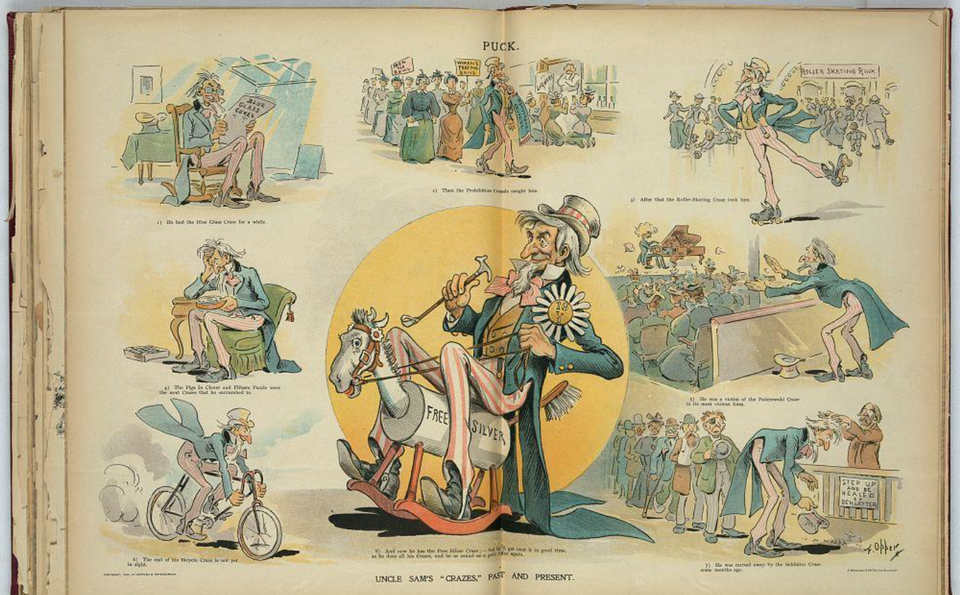 Ilustracja z rozkładówki "Fascynacje Wuja Sama dzisiaj i w przeszłości" autorstwa Fredericka Burra Oppera; ok. 1891 r., kolorowy obrazek przedstawiający kilka scenek o charakaterze karykatury, po prawej ilustracja fascynacji grą Paderewskiego.