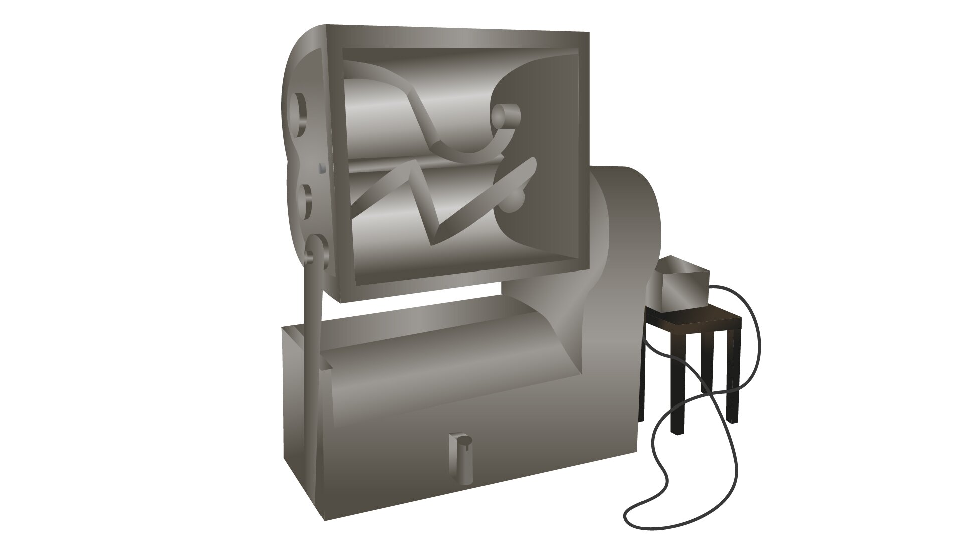 Grafika przedstawia miesiarkę zetową. Widoczna jest miesiarka złożona z dwóch podstawowych części: górnej – dzieży w formie wanny podzielonej na dwie części, wewnątrz znajdują się dwa walce oraz dwa miesidła w kształcie przypominające literę Z. Dzieża usytuowana jest na podstawie, z prawej strony przymocowana bezpośrednio do podstawy, zaś z lewej do wysokiej pionowej szyny. Po prawej stronie miesiarki widoczny jest czarny prostokątny stolik z pojemnikiem ustawionym na nim i kablami. 