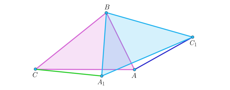 Na ilustracji przedstawiono dwa trójkąty o wspólnym wierzchołku B. Trójkąt A B C, oraz trójkąt A indeks dolny, jeden, koniec indeksu dolnego, B C indeks dolny, jeden, koniec indeksu dolnego. Trójkąty częściowo się na siebie nakładają. Kolorem zielonym zaznaczono odcinek łączący wierzchołek A indeks dolny, jeden, koniec indeksu dolnego i C. Kolorem niebieskim zaznaczono odcinek łączący wierzchołek A i C indeks dolny, jeden, koniec indeksu dolnego. 