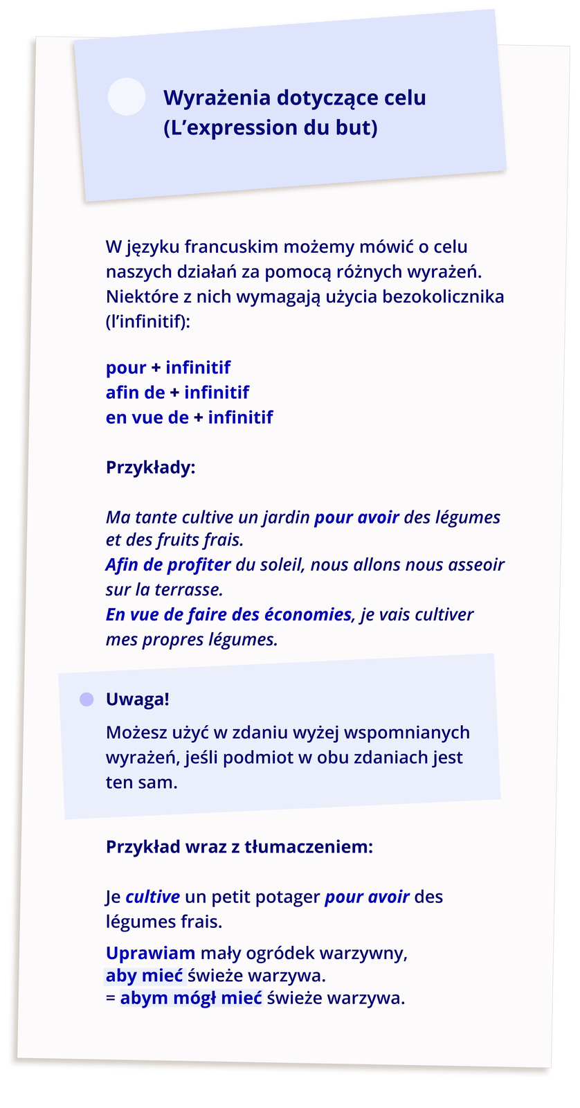 Ilustracja zatytułowana jest Wyrażenia dotyczące celu (L`expression du but). Poniżej wyjaśnienia i przykłady: W języku francuskim możemy mówić o celu naszych działań za pomocą różnych wyrażeń. Niektóre z nich wymagają użycia bezokolicznika (l`infinitif): pour + infinitif; afin de + infinitif; en vue de + infinitif. Przykłady: Ma tante cultive un jardin pour avoir des légumes et des fruits frais. Afin de profiter du soleil, nous allons nous asseoir sur la terrasse. En vue de faire des économies, je vais cultiver mes propres légumes. Uwaga! Możesz użyć w zdaniu wyżej wspomnianych wyrażeń, jeśli podmiot w obu zdaniach jest ten sam. Przykład wraz z tłumaczeniem: Je cultive un petit potager pour avoir des légumes frais. Uprawiam mały ogródek warzywny, aby mieć świeże warzywa. = abym mógł mieć świeże warzywa.