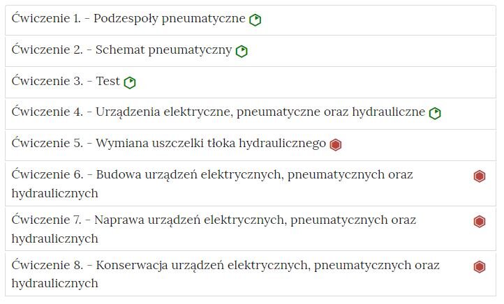 Przykładowy wygląd zakładek zawierających interaktywne materiały sprawdzające