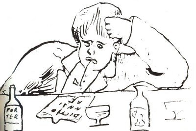 Rysunek przedstawia siedzącego przy stole młodego mężczyznę. Podpiera on głowę lewą ręką. Na stole stoją dwa kieliszki, dwie butelki oraz zapisana kartka papieru.