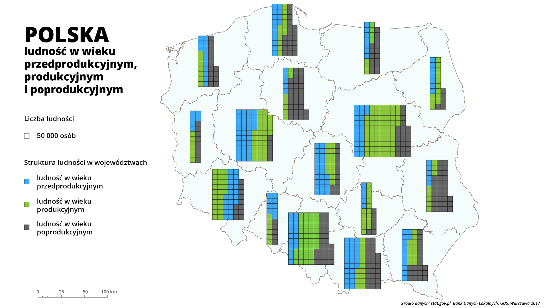 Na ilustracji jest mapa Polski podzielona na województwa. Mapa przedstawia ludność w wieku, przedprodukcyjnym, produkcyjnym i poprodukcyjnym. Na tle województw znajdują się kolorowe słupki zbudowane z niebieskich, zielonych i szarych kwadratów. Niebieski kwadrat oznacza ludność w wieku przedprodukcyjnym, zielony produkcyjnym, szary poprodukcyjnym.   
