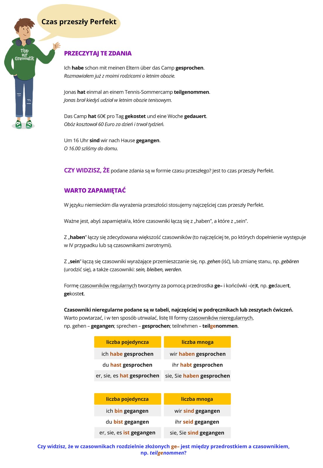 Ilustracja zawiera poradę językową.
Grafika przedstawia chłopca ubranego w zieloną bluzę z napisem Tipp zur Grammatik oraz niebieskie spodnie. 
Chłopiec mówi: Czas przeszły Perfekt.
Pozostałą część ilustracji stanowi tekst, którego treść wyświetla się w trybie dostępności.