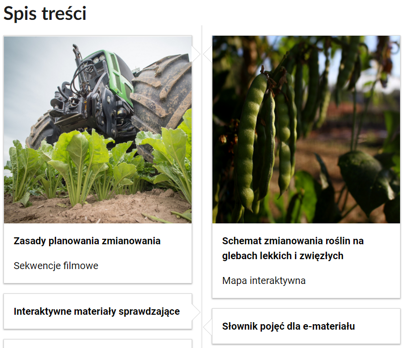 Grafika przedstawia fragment spisu treści. Widoczne są cztery kafelki z tytułami i rodzajem multimedium. Dwa z nich zawierają grafikę ilustrującą. Pierwszy kafelek. Zasady planowania zmianowania. Sekwencje filmowe. Zdjęcie przedstawia widok kół traktora widocznych od dołu oraz małe rosnące rośliny. Drugi kafelek. Schemat zmianowania roślin na glebach lekkich i zwięzłych. Mapa interaktywna. Zdjęcie przedstawia strączki grochu zwisające z gałęzi. Trzeci kafelek. Interaktywne materiały sprawdzające. Kafelek czwarty. Słownik pojęć e‑materiału.