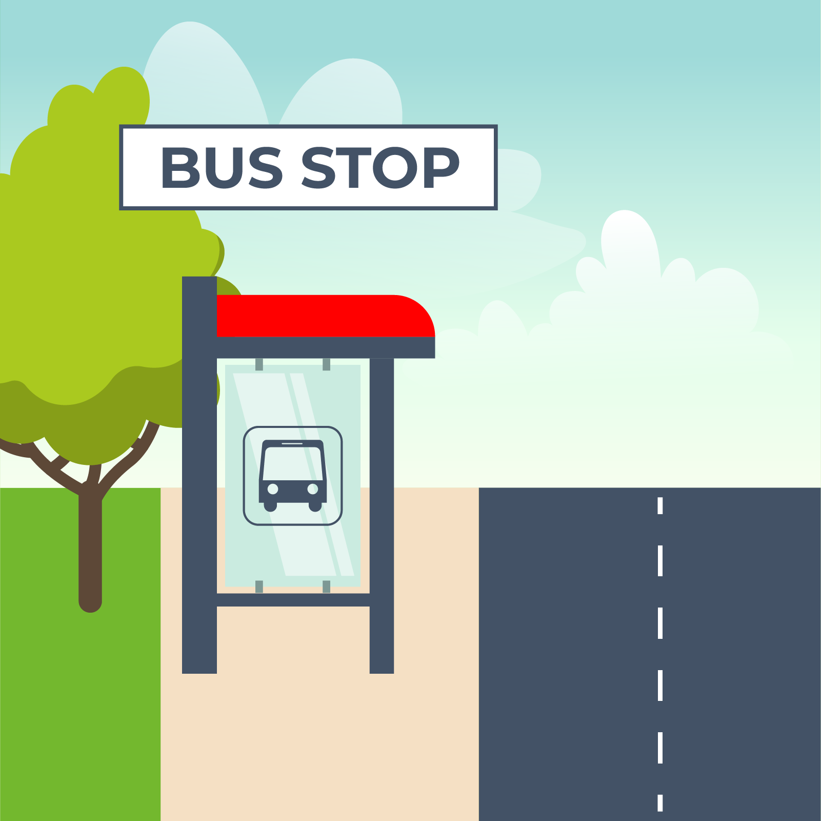 Ilustracja przedstawia wiatę przystankową, na której namalowana jest ikona autobusu. Przystanek ma czerwony, zaokrąglony daszek. Za przystankiem rośnie drzewo. Przed nim widać drogę. Nad przystankiem znajduje się napis Bus stop.