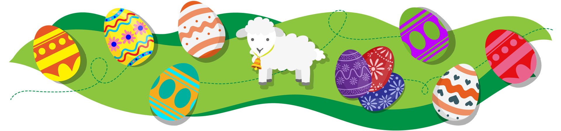Ilustracja przedstawia teren porośnięty zielenią. Na środku stoi biały baranek z dzwoneczkiem na szyi. Po lewej i prawej stronie znajduje się łącznie dziesięć kolorowych pisanek. Pierwsza od lewej jest żółto‑pomarańczowa. Druga jest żółta w kolorowe szlaczki i jasnoróżowe kwiatki z granatowymi środkami. Trzecia jest pomarańczowo‑ciemnozielona z błękitnymi i jasnoróżowymi paskami oraz ciemnozielonymi jajkami namalowanymi na środku. Na prawo od baranka są trzy kolejne pisanki z wydrapanymi kwiatowymi wzorami. Pierwsza jest ciemnofioletowa, druga czerwona, a trzecia granatowa. Kolejna pisanka znajdująca się po prawej stronie jest fioletowo‑zielona. Na jej środku są namalowane zielone jajka. Następna pisanka jest biała, ozdobiona pomarańczowymi szlaczkami i ciemnoszarymi serduszkami oraz kropkami. Ostatnia pisanka jest czerwona w jasnoróżowe wzory.