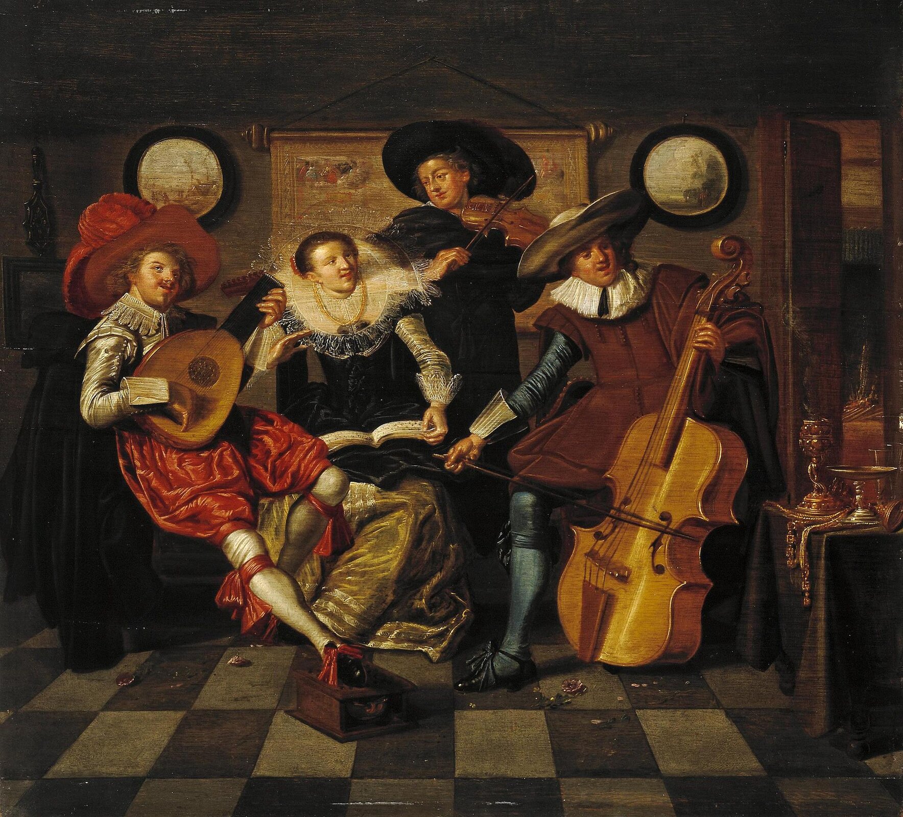 Ilustracja przedstawia dzieło Dircka Halsa pt. „Zespół kameralny w epoce baroku”. Trzech mężczyzn w strojach barokowych gra na instrumentach muzycznych. Wśród nich siedzi kobieta, która ma długą suknię z dużym, białym kołnierzem.